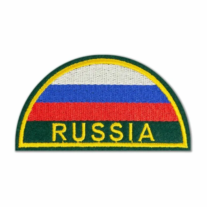 Фото товара БлокПОСТ С7546: полукруг с флагом России и золотистой надписью RUSSIA. Не нормативный рисунок. Цвет надписи для конкретного предмета формы проверяйте по основанию карточки.